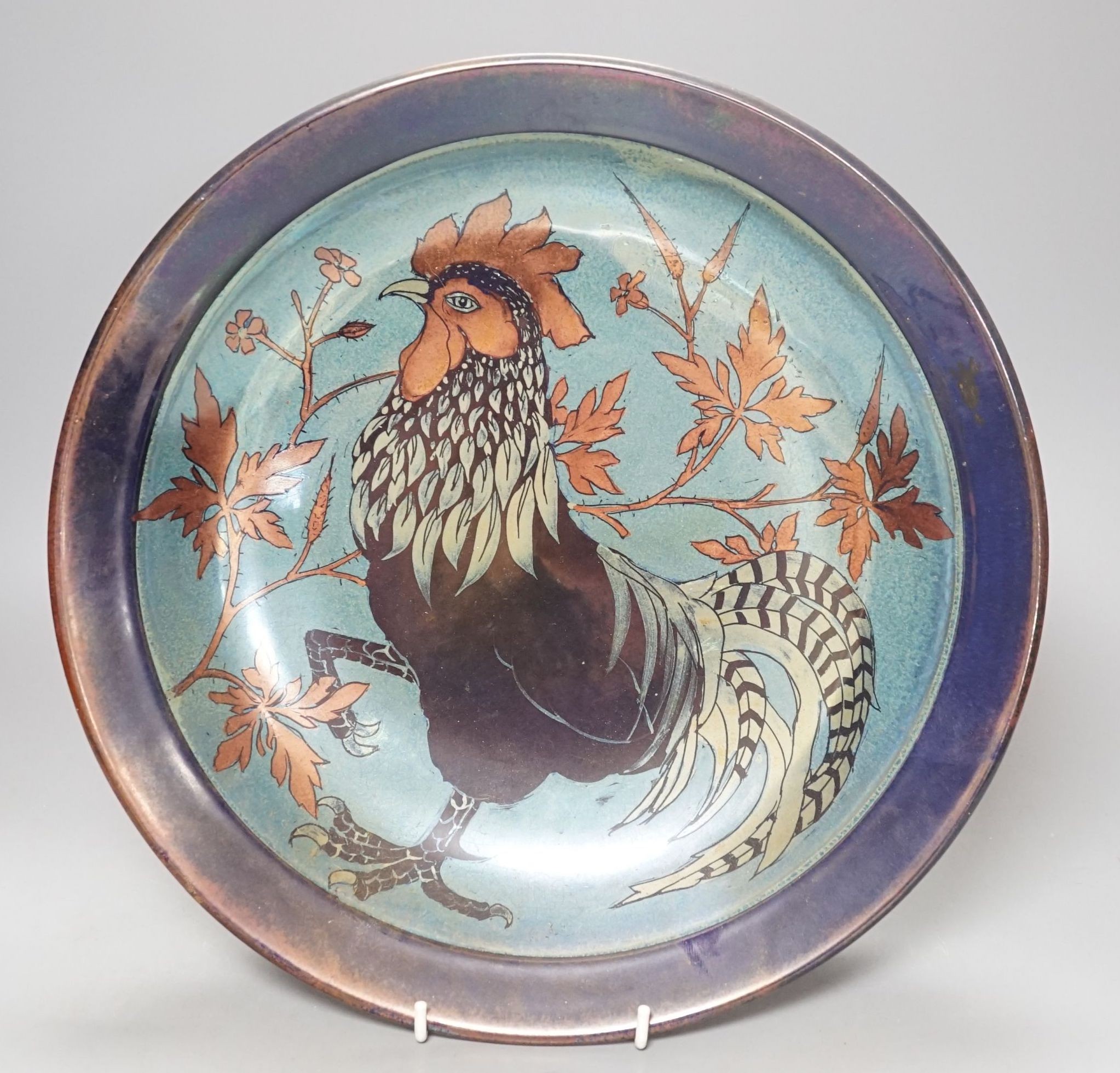 Jonathan Chiswell Jones, a lustre 'cockerel' dish, 34cms diameter.